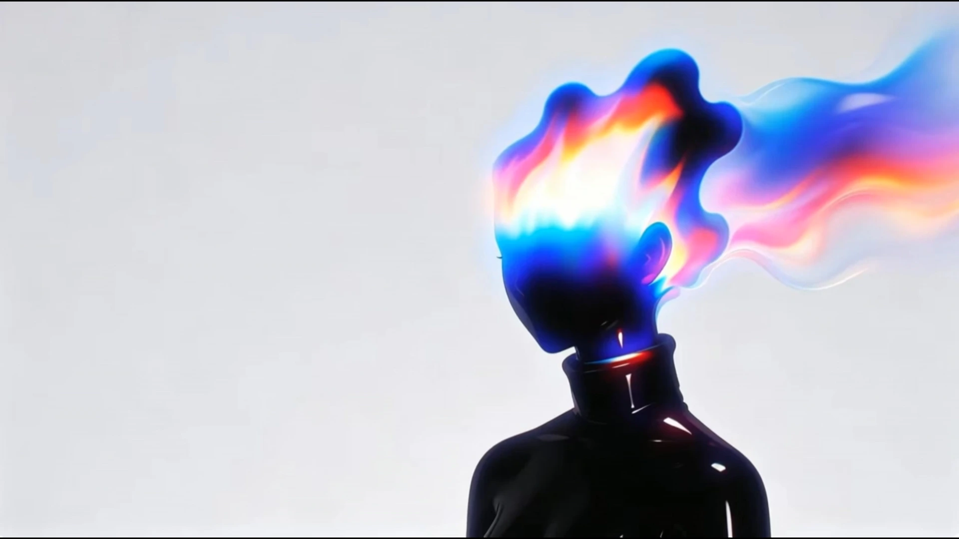 Figura escultural preta com chama prismática — inteligência criativa